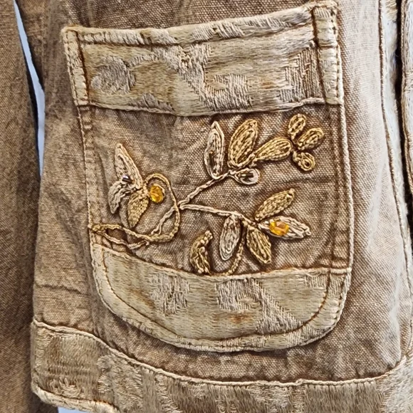 FLASHBACK Jacket Brown/Gold Embroidery Rhinestones Buttons Pockets Size Large